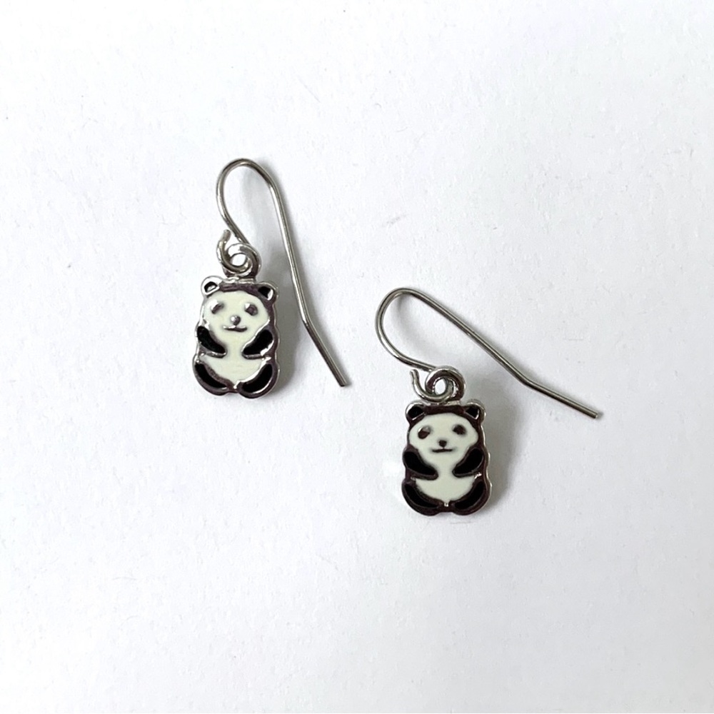 Cute panda bear white and black silver tone dangle earrings